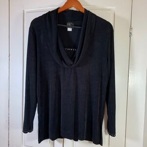 Y2K Glam Cowl Neck Top M Black Rhinestones Vintage Stretch USA KLG‎ & Co Travel